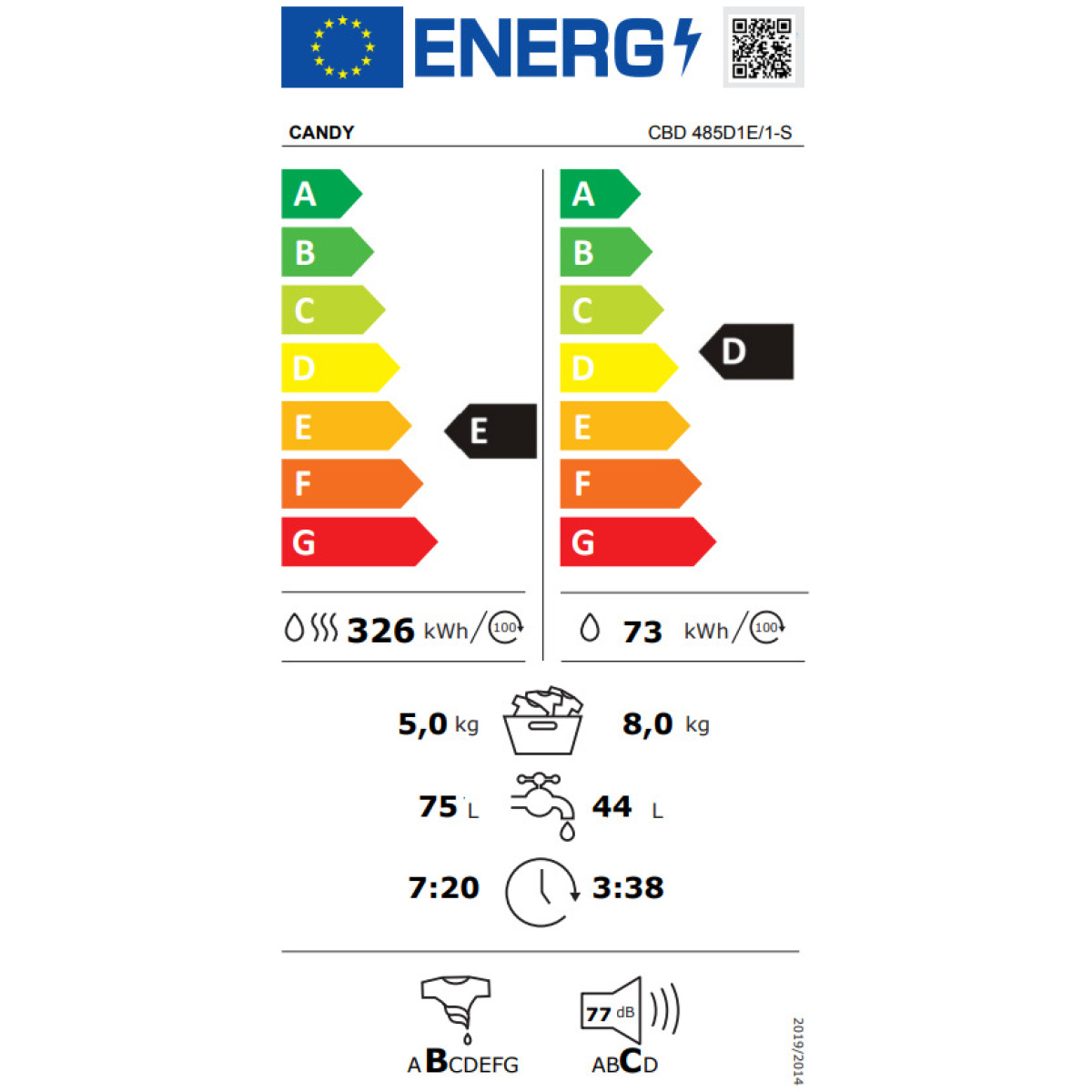 CANDY CBD 485D1E/1-S Πλυντήριο/Στεγνωτήριο Ρούχων Εντοιχιζόμενο 8kg/5kg Ε ΕΩΣ 12 ΔΟΣΕΙΣ - Image 3