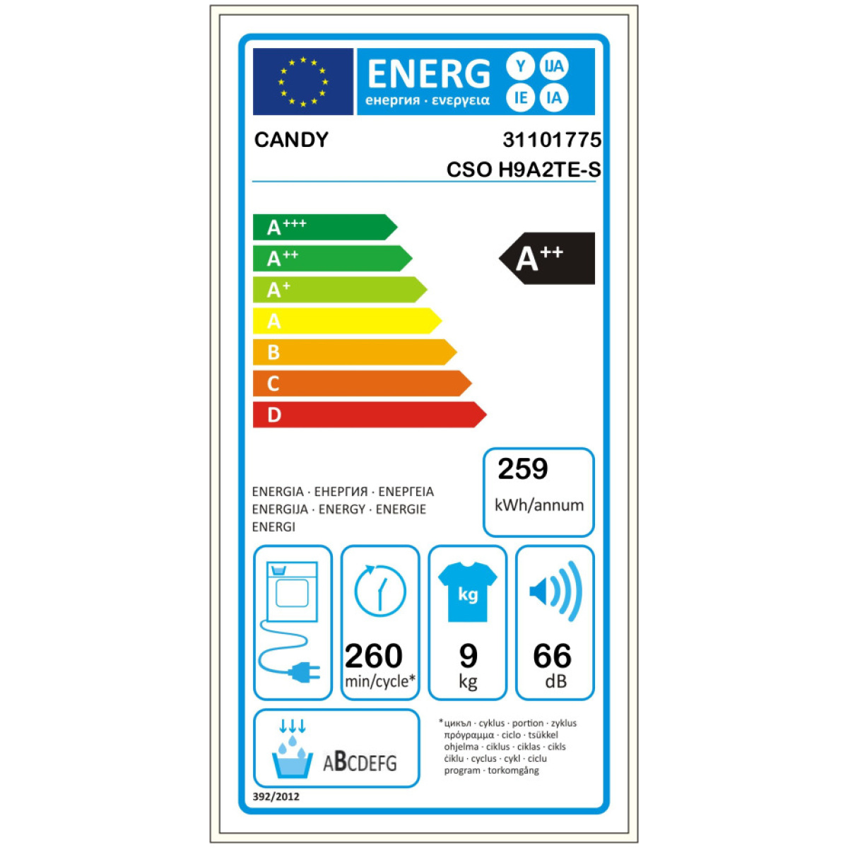 CANDY CSO H9A2 TE-S Στεγνωτήριο Ρούχων 9Kg Α++ ΕΩΣ 12 ΔΟΣΕΙΣ - Image 2