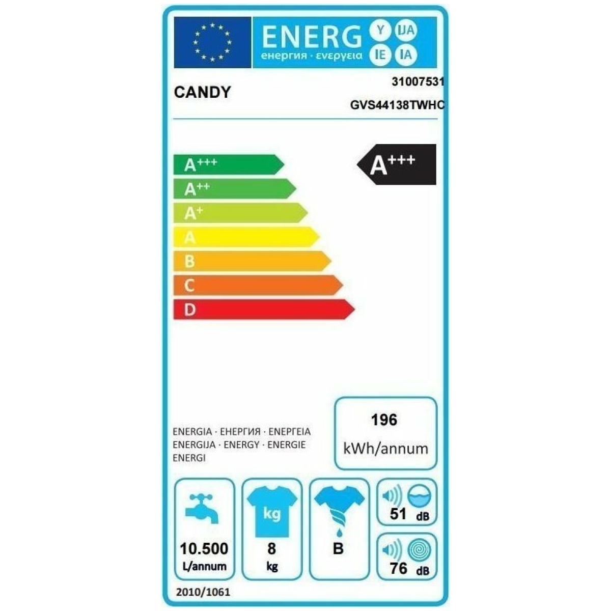 CANDY GVS44138TWHC3S Πλυντήριο Ρούχων με Ατμό 8KG A+++ ΕΩΣ 12 ΔΟΣΕΙΣ - Image 2