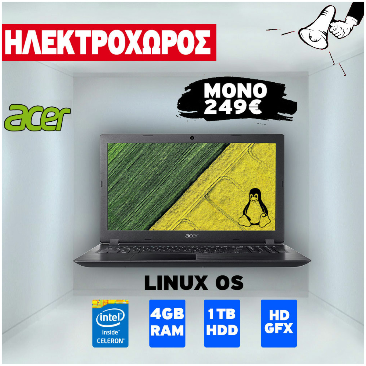 LAPTOP ACER ASPIRE A315-31-C3BM 15.6'' HD INTEL DUAL CORE N3350 4GB 1TB LINUX - Image 1