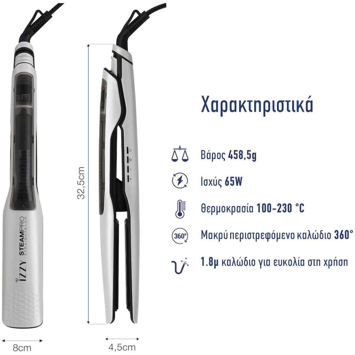 Izzy Steam Pro IZ-7106 224898 Πρέσα Μαλλιών με Ατμό και Κεραμικές Πλάκες 65W - Image 3